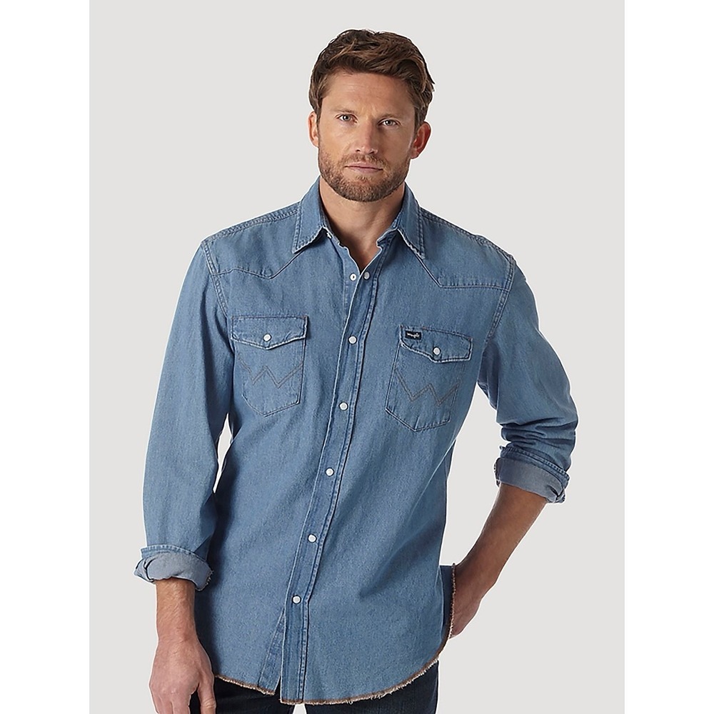 Wrangler Cowboy Cut Western Shirt XXL Blue Cotton Denim Long Sleeve Pearl Snap